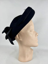 Load image into Gallery viewer, Original 1940's Black Felt Hat with High Brim, Net and Large Grosgrain Bow Trim