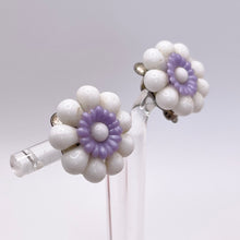 Load image into Gallery viewer, Original 1950's White and Purple Glass Flower Clip on Earrings