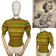 Load image into Gallery viewer, Reproduction 1930's Hand Knitted Pure Wool Stripe Jumper with Puff Sleeves and Double Button Fastening - Bust 34 36