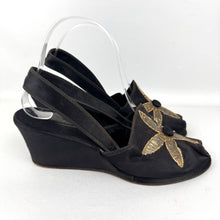 Load image into Gallery viewer, Wounded but Wearable Original 1940's Black Satin Evening Wedge Shoes with Gold Floral Applique Trim - Size 5 5.5
