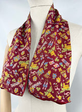 Load image into Gallery viewer, Original 1953 Queen Elizabeth II Coronation Commemorative Cravat - Fabulous Novelty Print on Burgundy Crepe