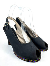 Load image into Gallery viewer, Original 1940's Inky Black Crepe Platform Evening Shoes with Paste Detail in Red, Blue, Yellow and Green - UK 4 *