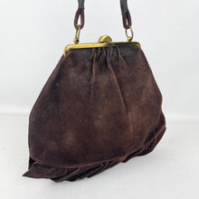 Load image into Gallery viewer, Original 1930's Dark Brown Suede Handbag with Ruffled Leather Trim