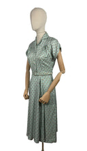 Load image into Gallery viewer, Original 1950's St Michael Sage Green Artificial Silk Belted Day Dress with Pretty Floral Print in Pink, Yellow and White - Bust 34 36 *