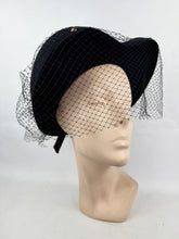 Load image into Gallery viewer, Outstanding Original 1940's Inky Black Felt Heart Hat with Face Veil and Stud Detail