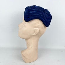 Load image into Gallery viewer, Original 1950’s Cobalt Blue Pleated Velvet Close Fitting Evening Hat *