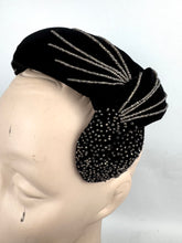 Load image into Gallery viewer, Original 1950’s Black Cotton Velvet Hat with Silver Glass Beads - Perfect Cocktail Hat