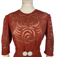 Load image into Gallery viewer, Original 1930's Burnt Orange Crepe Belted Day Dress with Cutout Detail - Bust 34 35 36
