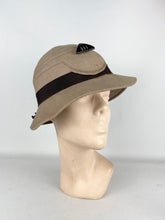 Load image into Gallery viewer, Original 1930's Taupe Seamed Felt Hat with Dark Brown Grosgrain Bow and Early Plastic Trim