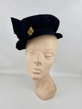 Load image into Gallery viewer, Original 1940's Inky Black Felt New York Creations Hat with Metal Trim and Bow Detail