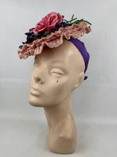 Load image into Gallery viewer, Fabulous Original 1940's New York Creations Pink Ruffle Straw Hat with Purple, Pink and Green Floral Trim