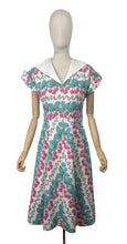 Load image into Gallery viewer, Original 1950's Vibrant Cotton Dress in White, Blue, Black and Pink Cherry Print - Bust 34 35 *
