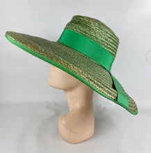 Load image into Gallery viewer, Original 1950’s Hudson Bay Large Green Straw Sun Hat with Grosgrain Trim