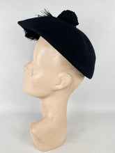 Load image into Gallery viewer, Original 1950's Inky Black Felt Hat with Feather and Pom-pom Trim