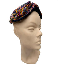 Load image into Gallery viewer, Original 1950's Midnight Blue Vevlet Hat with Bright Jersey Trim in Pink, Yellow, White and Purple