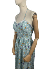 Load image into Gallery viewer, Original Late 1940's or Early 1950's Floral Border Print Dress and Bolero in Blue, Purple, Mustard, Black and White - Bust 32 33