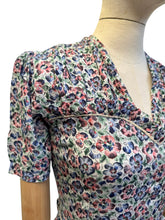 Load image into Gallery viewer, Original 1930's Floral Crepe Day Dress in Blue, Red and Green with Frill Trim - Bust 34