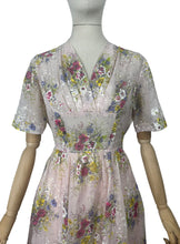 Load image into Gallery viewer, Original 1950's Pretty Pale Pink Nylon Dress with Floral Print in Blue, Yellow and White - Bust 36 37