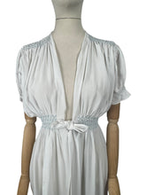 Load image into Gallery viewer, Original 1940's White Crepe Dressing Robe with Ice Blue Smocking Detail - Bust 34 36 *
