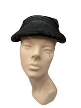 Load image into Gallery viewer, Original 1950's Inky Black Bonnet Hat in Straw and Grosgrain with Neat Bow Trim