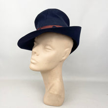 Load image into Gallery viewer, Original 1930’s 1940’s Blue Felt Tilt Fedora Hat with Pretty Rust Suede Trim *