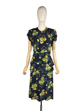Load image into Gallery viewer, Original 1940's Navy Day Dress with Double Peplum and Floral Print in Green and Yellow - Bust 34 35