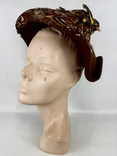 Load image into Gallery viewer, Original 1940's Brown Felt Bonnet Hat with Bird and Pheasant Feather Trim *