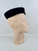 Load image into Gallery viewer, Original 1950's Inky Black Cotton Velvet Cocktail Hat with Faux Pearl Trim - Great Evening Hat