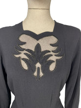 Load image into Gallery viewer, Original 1940’s Post WW2 Inky Black Crepe Cocktail Dress with Beaded Cutout Net Neckline and 11011 Label - Bust 38