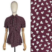 Load image into Gallery viewer, Original 1940's Pure Silk Novelty Print Swan Blouse in Burgundy and White with Bow Tie at Neck - Bust 34