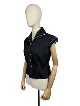 Load image into Gallery viewer, Original 1940's 1950's Black Short Sleeved Blouse with White Ric-rac Trim and Faux Pearl Buttons - Bust 34 36 *