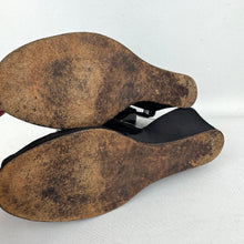 Load image into Gallery viewer, Wounded but Wearable Original 1940's Black Satin Evening Wedge Shoes with Gold Floral Applique Trim - Size 5 5.5