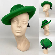 Load image into Gallery viewer, Original 1930's 1940's Vibrant Green Felt Fedora Hat with Black Grosgrain Trim and Rust and Green Hat Pin
