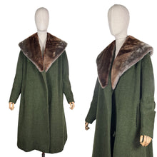 Load image into Gallery viewer, Original 1950's Volup Rensor Green Herringbone Wool Coat with Huge Faux Fur Collar - Bust 42 44