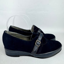 Load image into Gallery viewer, Original 1940's CC41 Deadstock Navy Blue Suede and Leather Wedge Shoes - UK 4 4.5