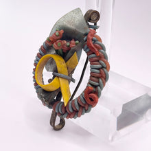 Load image into Gallery viewer, Original 1940's Brown, Mustard and Teal Wartime Make Do and Mend Wire Brooch with Flower Middle