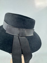 Load image into Gallery viewer, Original 1940's Inky Black Felt Topper hat by Harrods with Grosgrain Bow Trim *