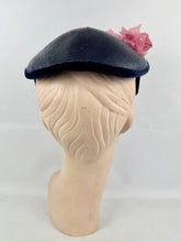 Load image into Gallery viewer, Original 1950's Dark Blue Lacquered Straw and Velvet Hat with Pink Floral Trim