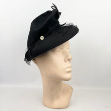 Load image into Gallery viewer, Incredible Original 1930's 1940's Black Felt Topper Hat with Net, Glass Beads and Butterfly Trim *