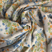 Load image into Gallery viewer, Original 1930's Semi Sheer Crepe Dressmaking Fabric - White Base with Floral Print in Yellow, Orange, Blue and Green - 34" x 60"