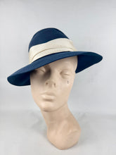 Load image into Gallery viewer, Original 1930's 1940's Blue Felt Fedora with Wide Ivory Grosgrain Band