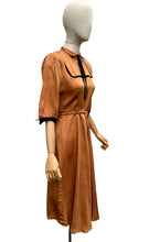 Load image into Gallery viewer, Original 1950's Caramel Coloured Grosgrain Belted Dress with Black Accent Trim - Bust 34 35