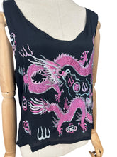Load image into Gallery viewer, Original 1920's Black Pure Silk Top with Vibrant Silk Embroidery of Chinese Dragons in Pink and Blue - Bust 36 *