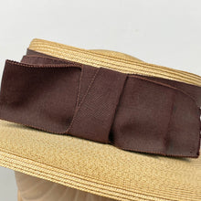 Load image into Gallery viewer, Original 1940’s Natural Straw Hat with Wide Brown Grosgrain Trim and Bow - Perfect Summer Hat