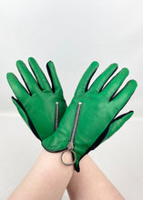 Load image into Gallery viewer, Original 1960's Bright Green and Black Leather and Fabric Gloves with Zip Closure *