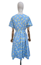 Load image into Gallery viewer, Original Late 1940's or Early 1950's Blue Cotton Belted Day Dress with Yellow and White Paisley Print - Bust 40