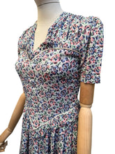 Load image into Gallery viewer, Original 1930's Floral Crepe Day Dress in Blue, Red and Green with Frill Trim - Bust 34