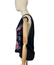 Load image into Gallery viewer, Original 1920's Black Pure Silk Top with Vibrant Silk Embroidery of Chinese Dragons in Pink and Blue - Bust 36 *