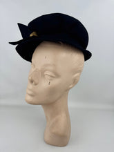 Load image into Gallery viewer, Original 1940's Inky Black Felt New York Creations Hat with Metal Trim and Bow Detail