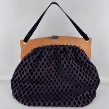 Load image into Gallery viewer, Original 1920's 1930's Dark Purple Silk Bag with Inky Black Flock Detailing and Wooden Frame